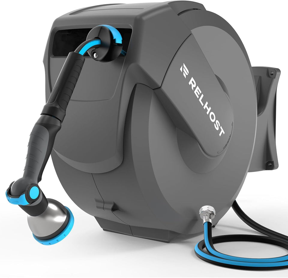 Relhost retractable hose reel on wall mount enables effortless yard watering with full coverage.
