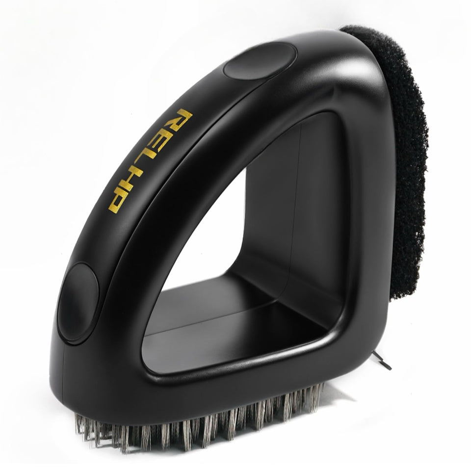 RELHP 4-in-1 grill brush assembly demonstrates robust design for safe cleaning.