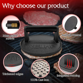 RELHP Burger Smasher on grill side profile shows flat press surface