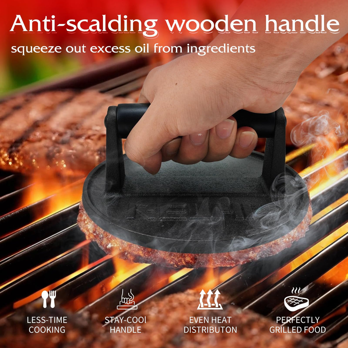 RELHP Burger Smasher anti-scald wood handle supports long grilling sessions