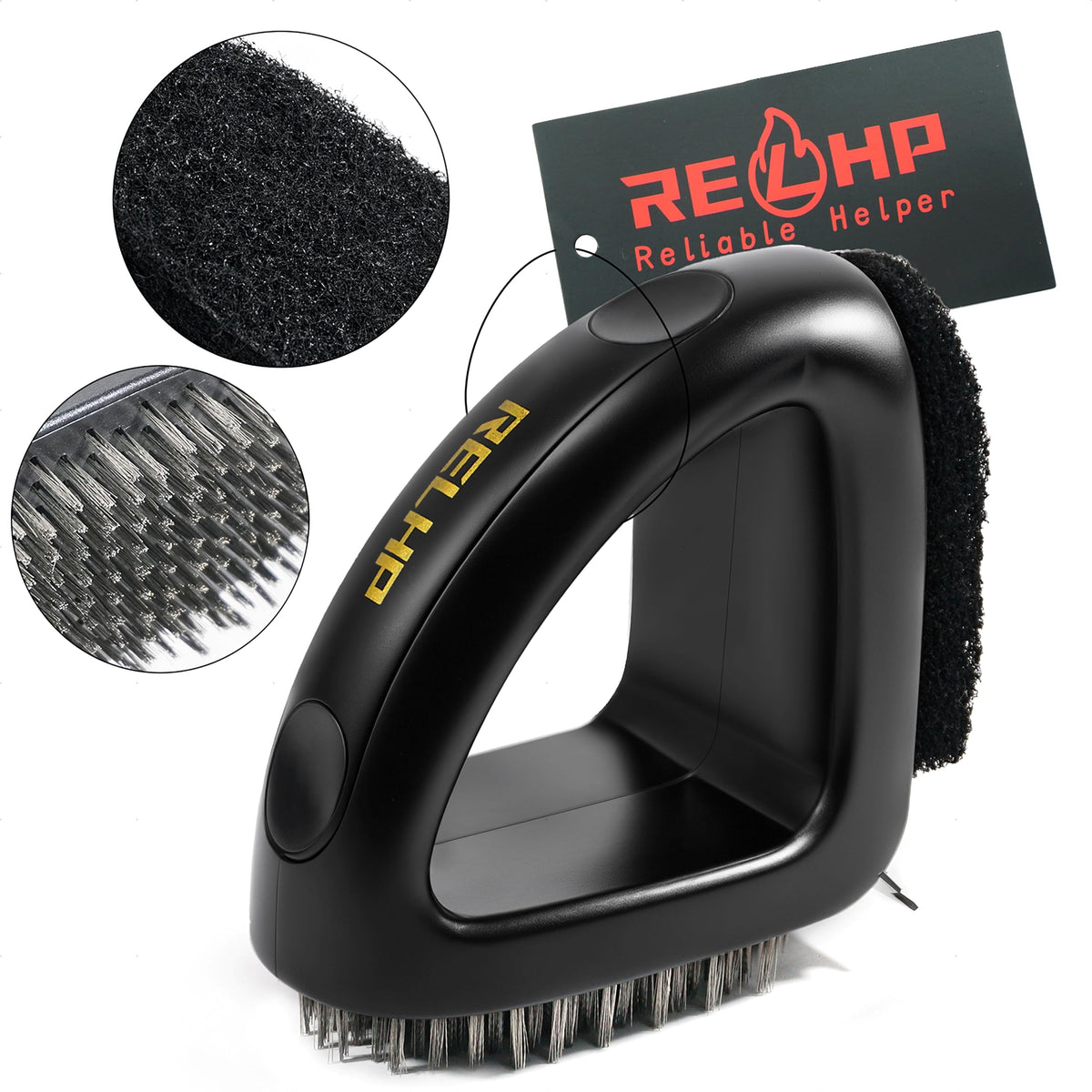 RELHP sponge pad feature shows bristle-free cleaning with efficient grease removal.