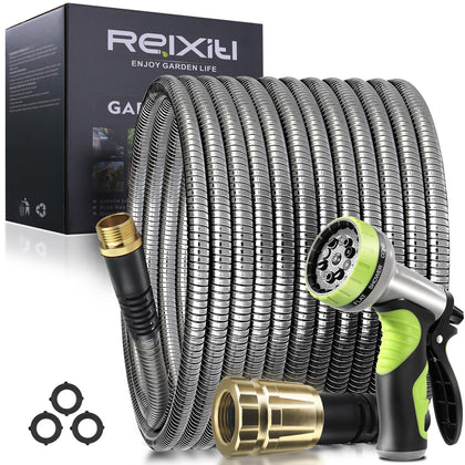 Relxitl 100ft metal garden hose stainless steel with durable shell for tough outdoor use.