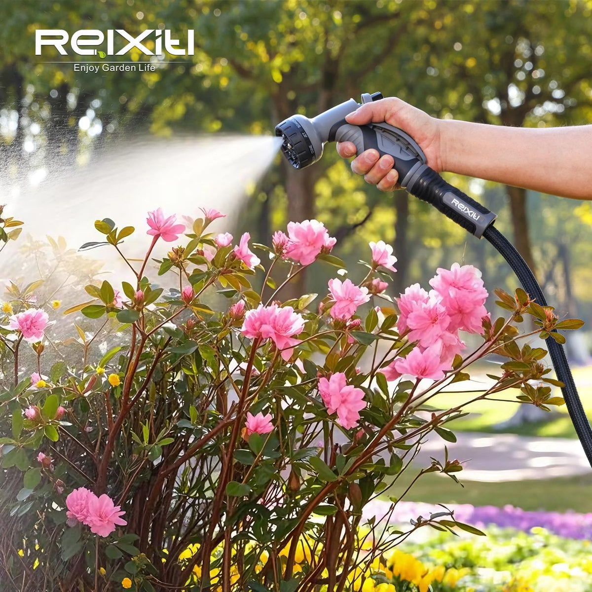 Relxitl garden hose 25ft in use for washing patios and vehicles.