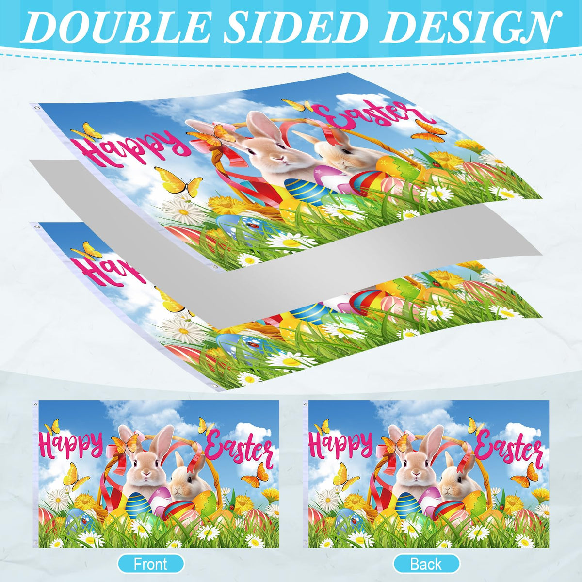 Remagr Easter flag 3x5ft back view showing double-sided design for porch display.