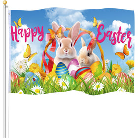 Remagr Easter flag 3x5ft front view with bunny and eggs for outdoor decor.