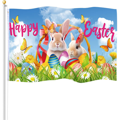 Remagr Easter flag 3x5ft front view with bunny and eggs for outdoor decor.