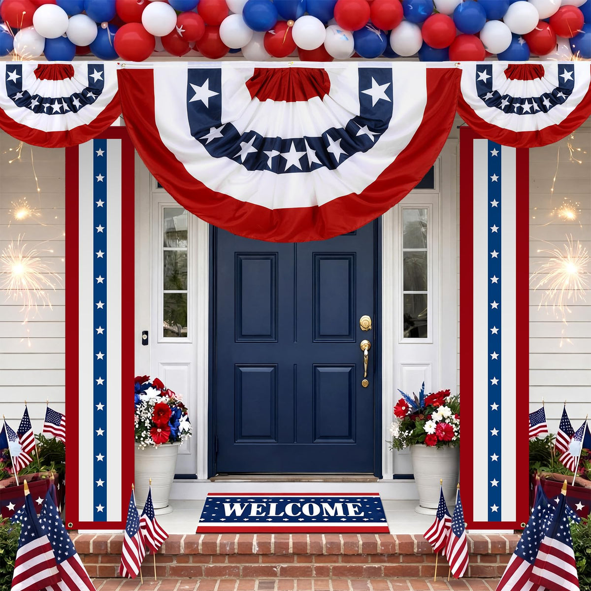 Remagr front door patio flag display creates a welcoming, festive entryway.