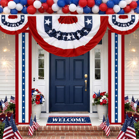 Remagr front door patio flag display creates a welcoming, festive entryway.