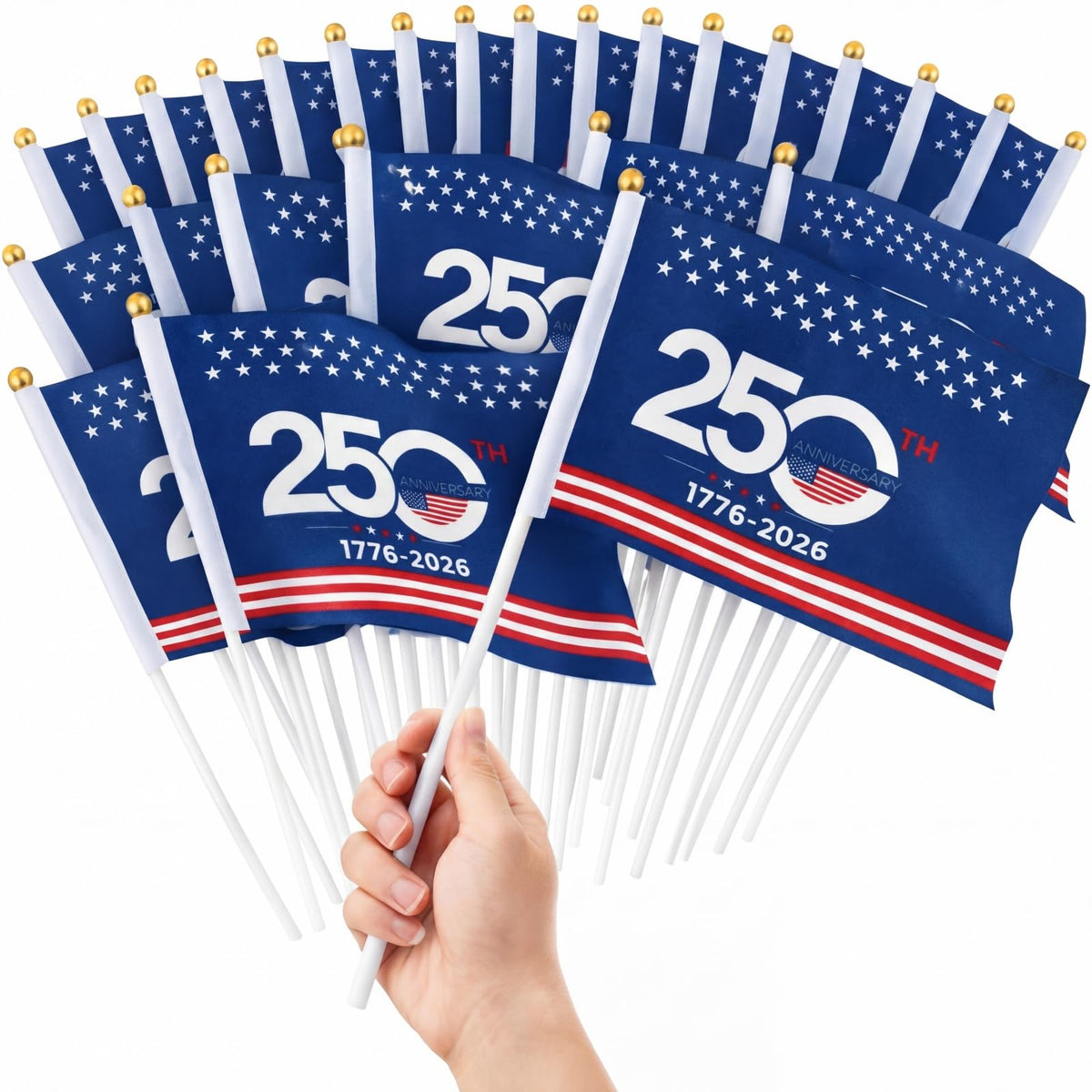 Remagr mini 250th anniversary flag 4x6 inch on PVC stick, ideal for tabletop decor.