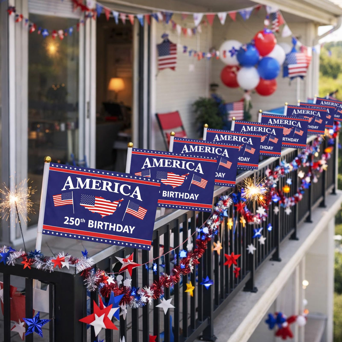 Remagr mini USA flag attached to a flagpole for outdoor or parade use.
