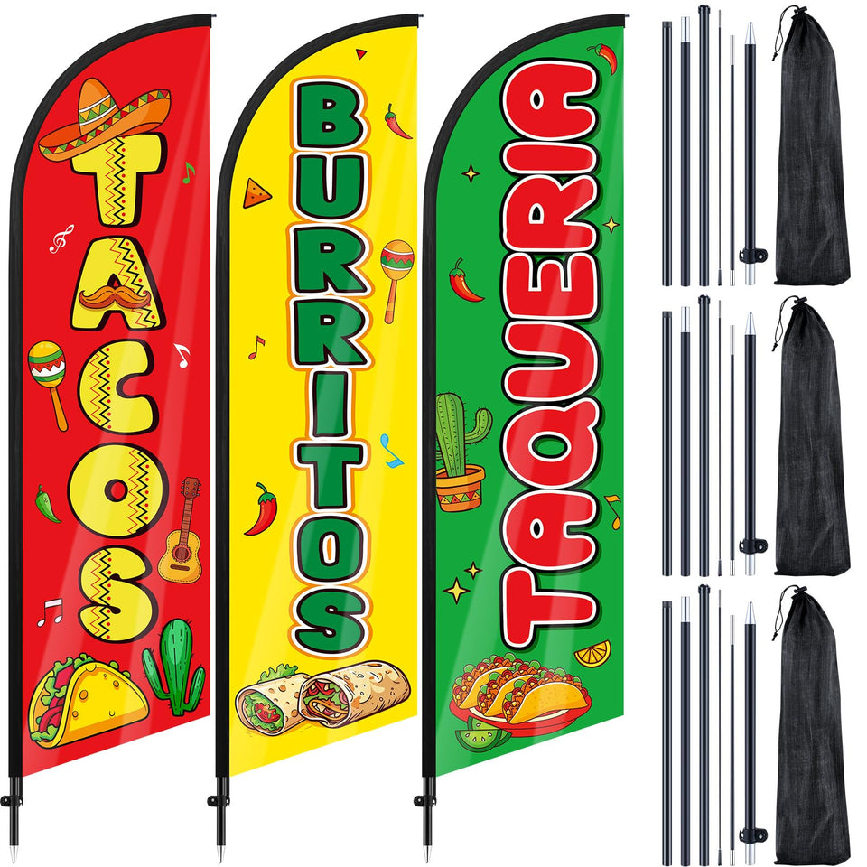 Remagr 3pc flag set for tacos and burritos boosts outdoor visibility.