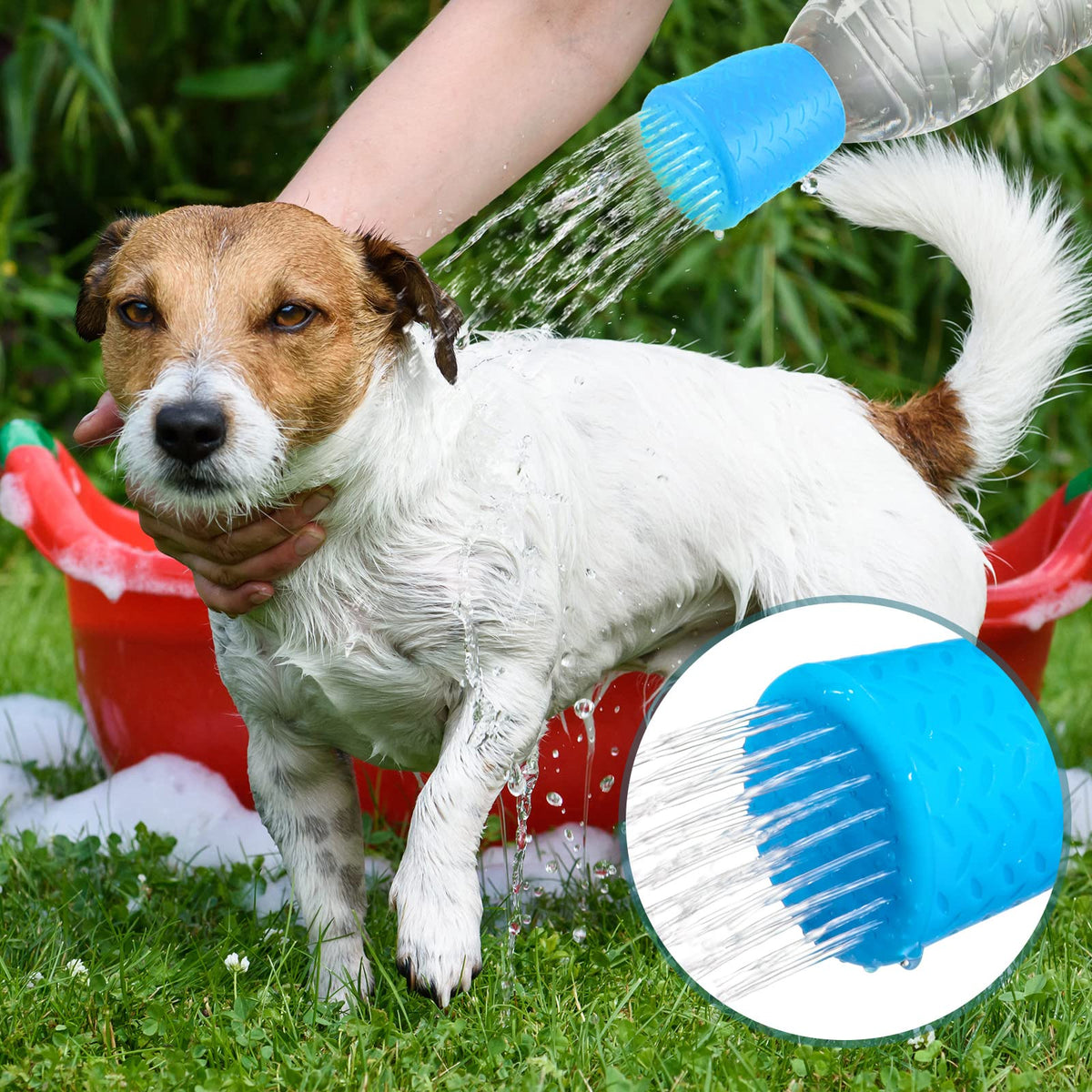 Remerry bottle sprinkler head ready to rinse dirt from paws during hiking trips.