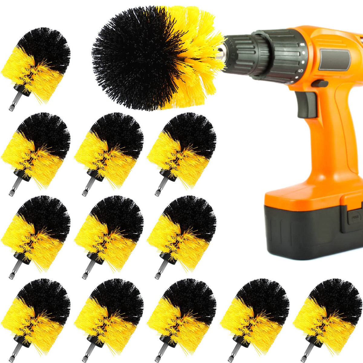 Remerry drill brush attachment set for drill-powered cleaning with 12pc kit in yellow and black