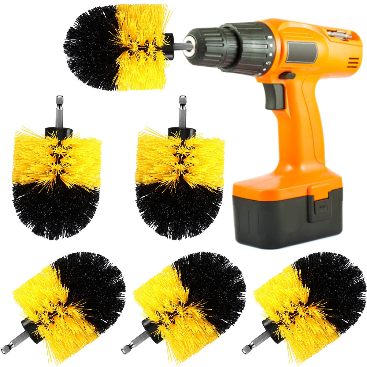 Remerry drill brush attachment in yellow for heavy-duty cleaning on grout and tubs.