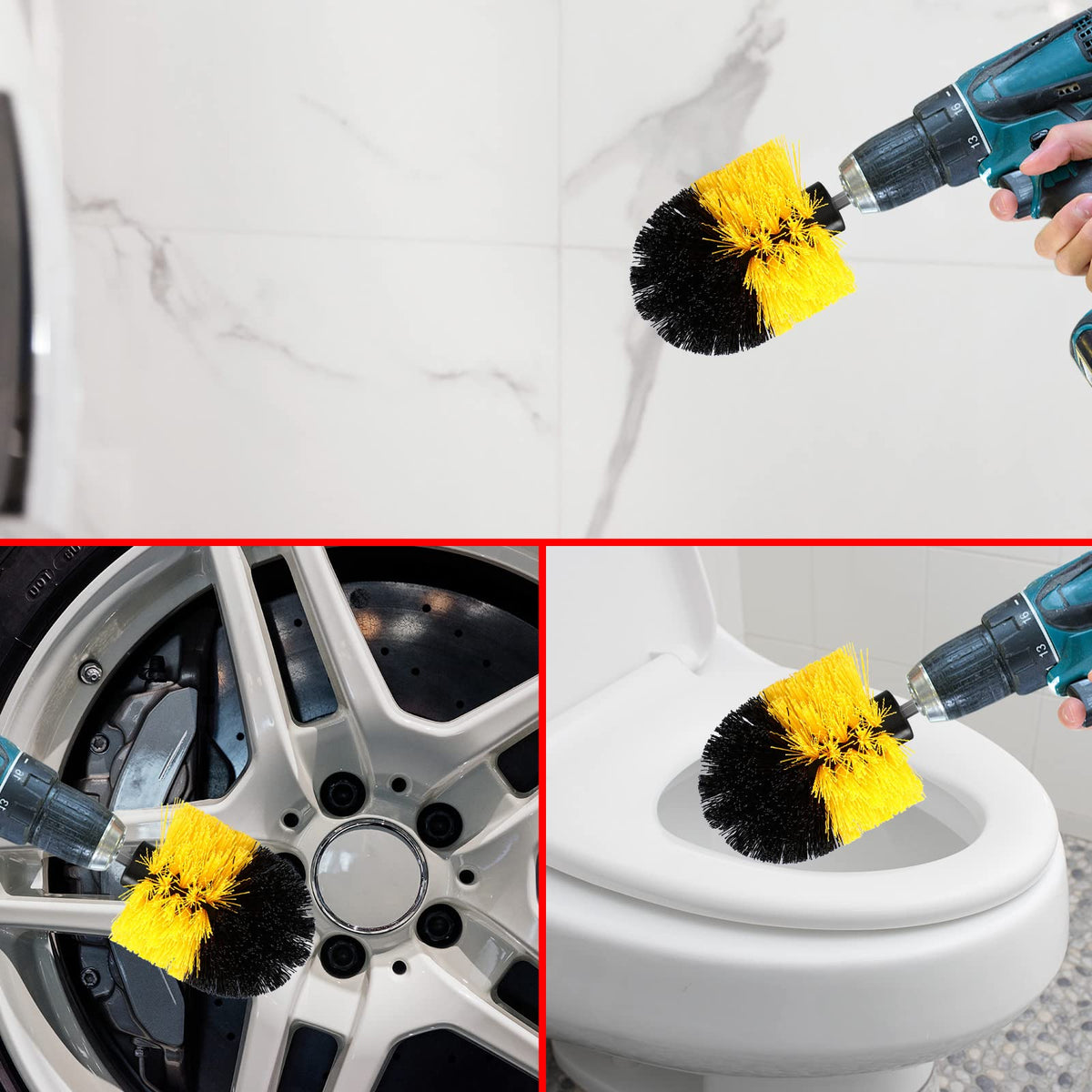 Remerry drill brush cleans kitchen tile and grout with nylon bristles.