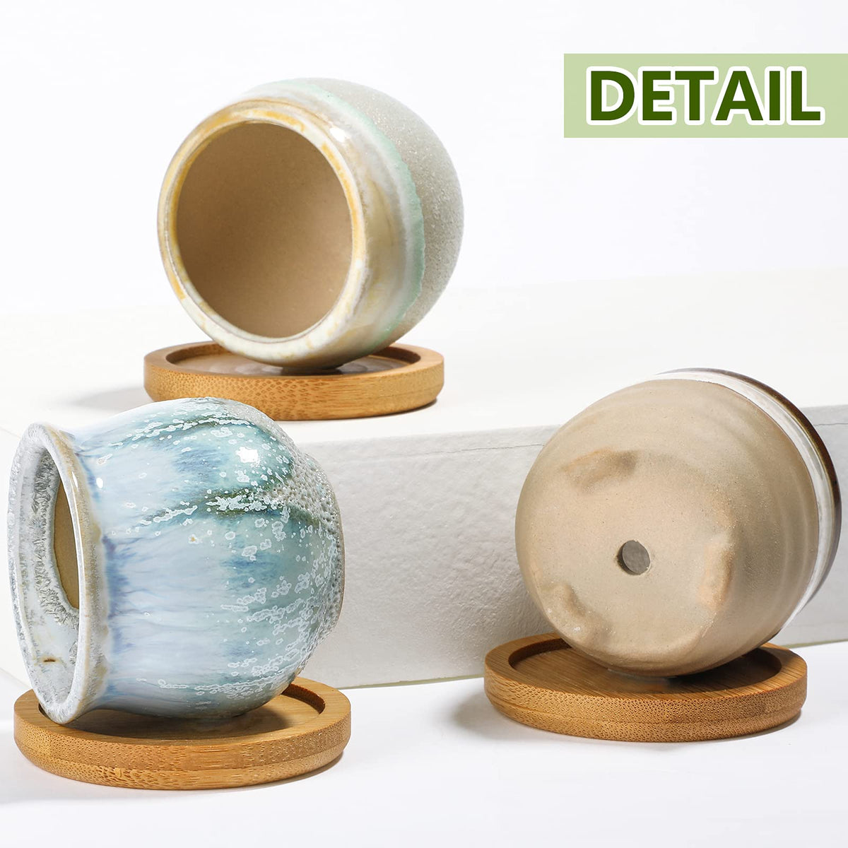 Remerry pot with drainage hole and bamboo tray keeps surfaces dry and clean