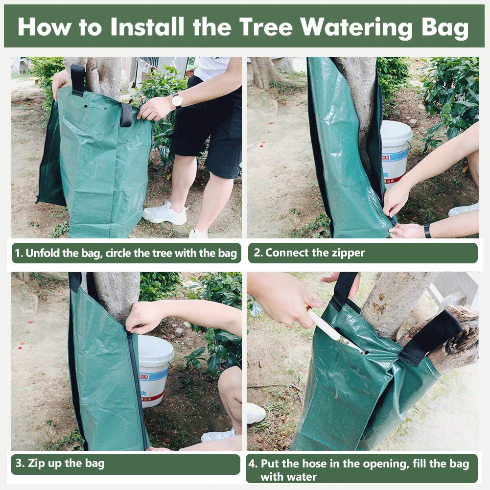 REMIAWY Tree Watering Bag wrap-around-tree demonstrates flexible placement for uneven trunks.