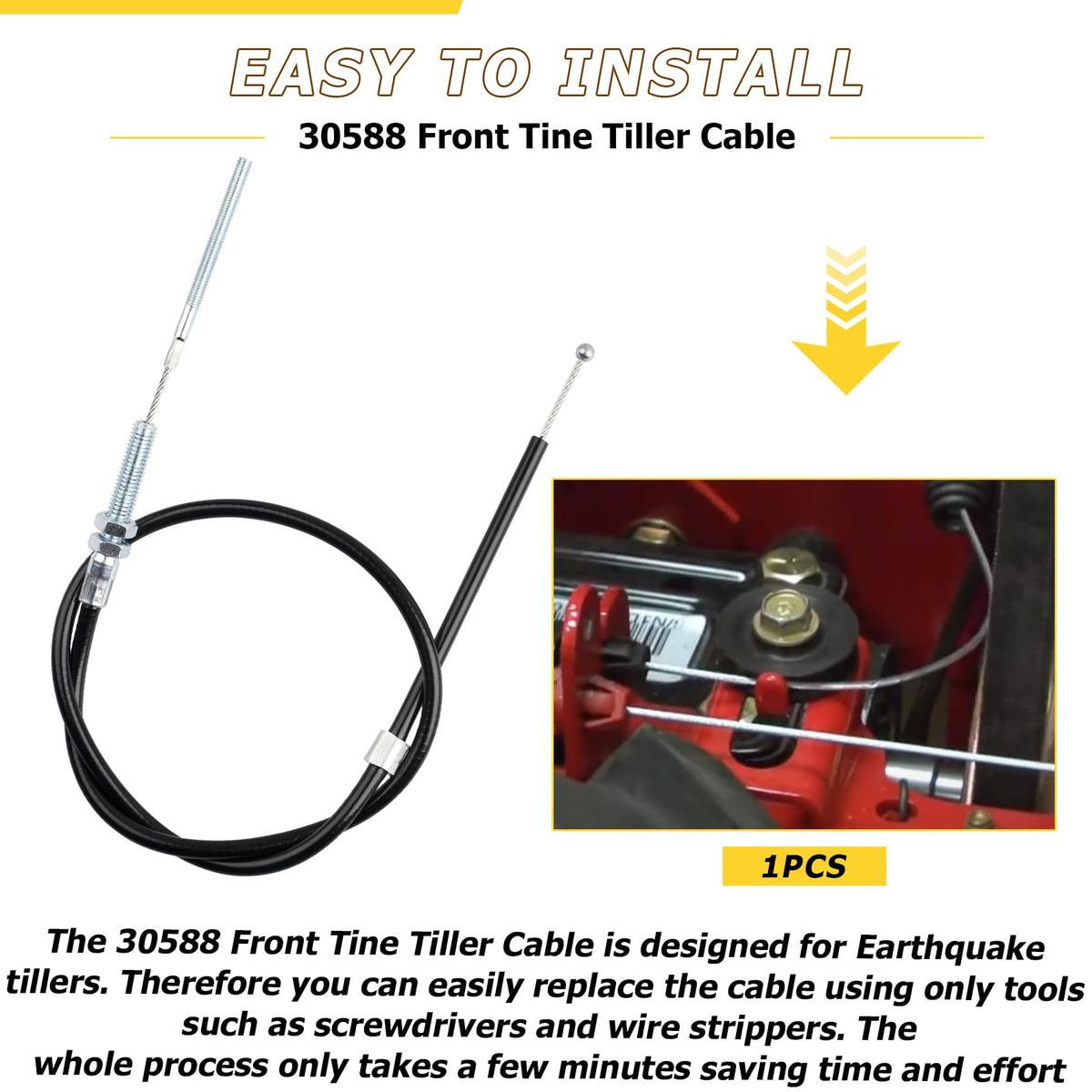Remolean front tine control cable linking handle to transmission for reliable control.