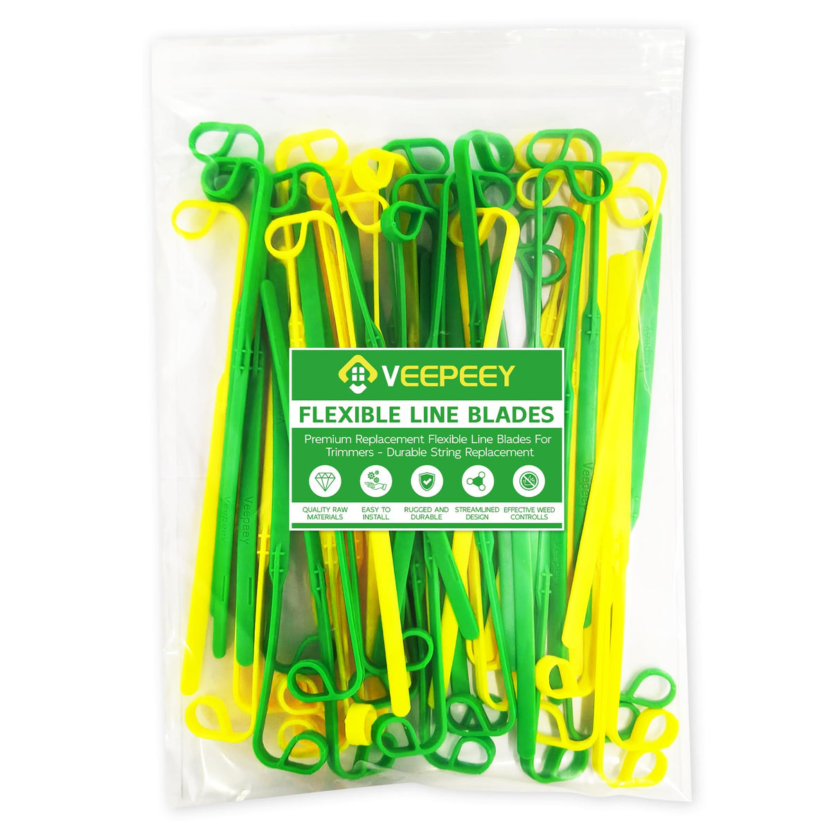 Rendasun weed eater blades 50-pack pack shot shows durable copolymer blades for long trimming
