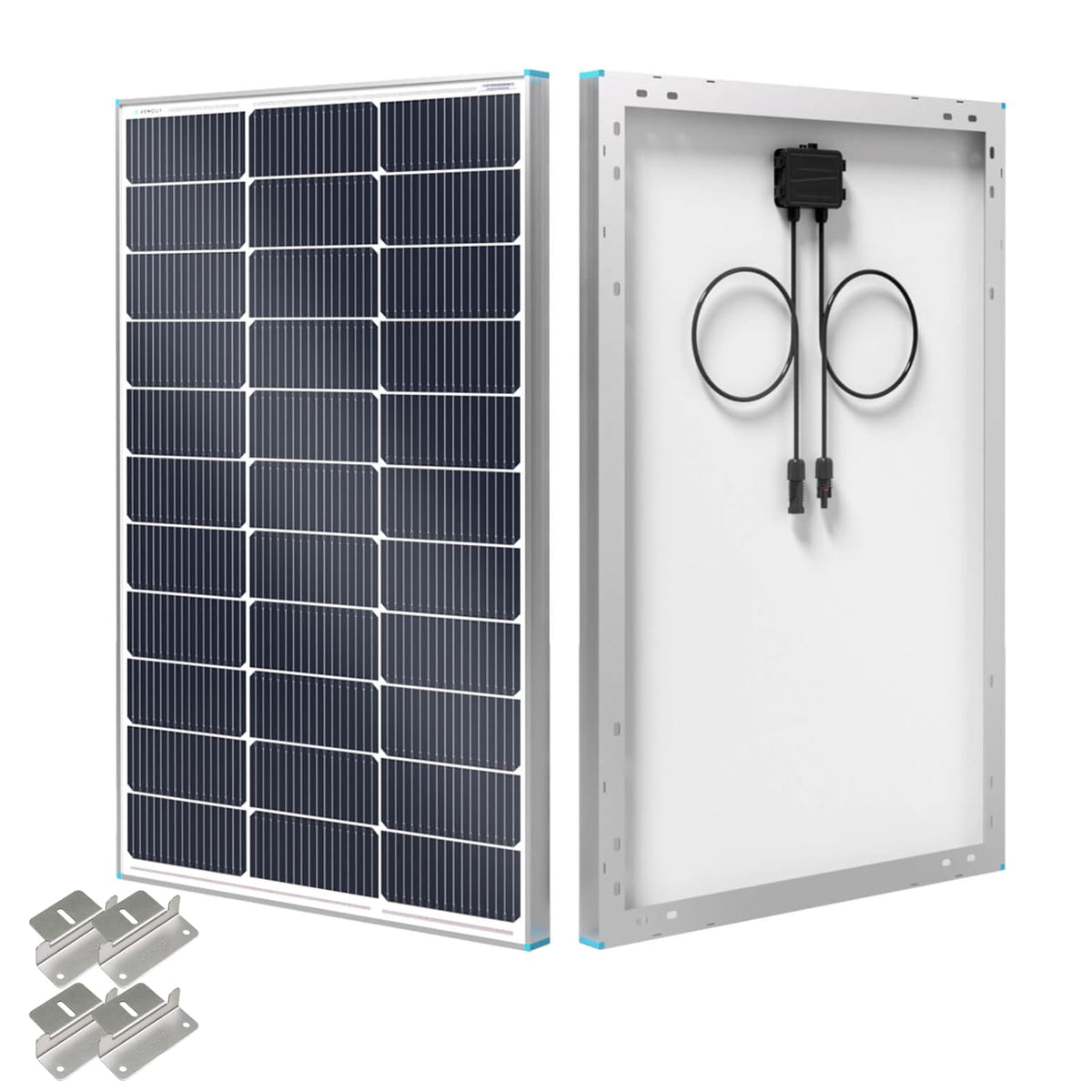 Renogy 100W panel front view highlights high-efficiency cells for RV and marine power