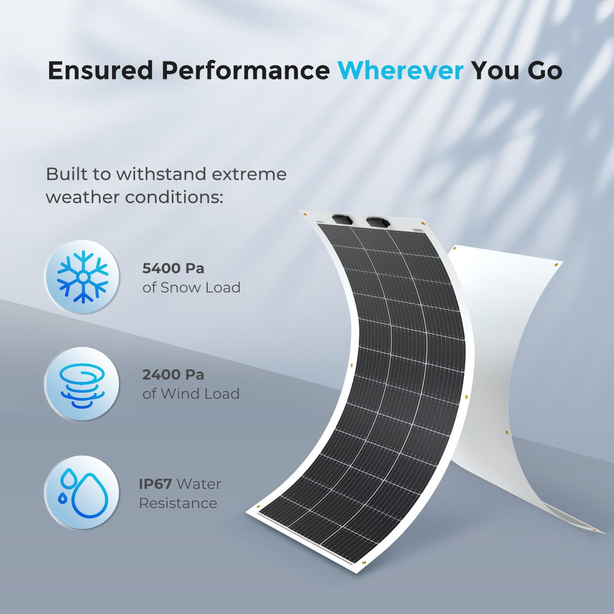Renogy 100W panel withstands strong wind and snow for rugged use.