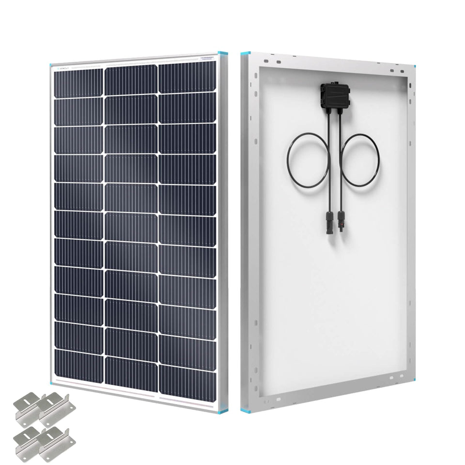 Renogy 100W N-Type panel front view highlights high-efficiency cells for RV installs.