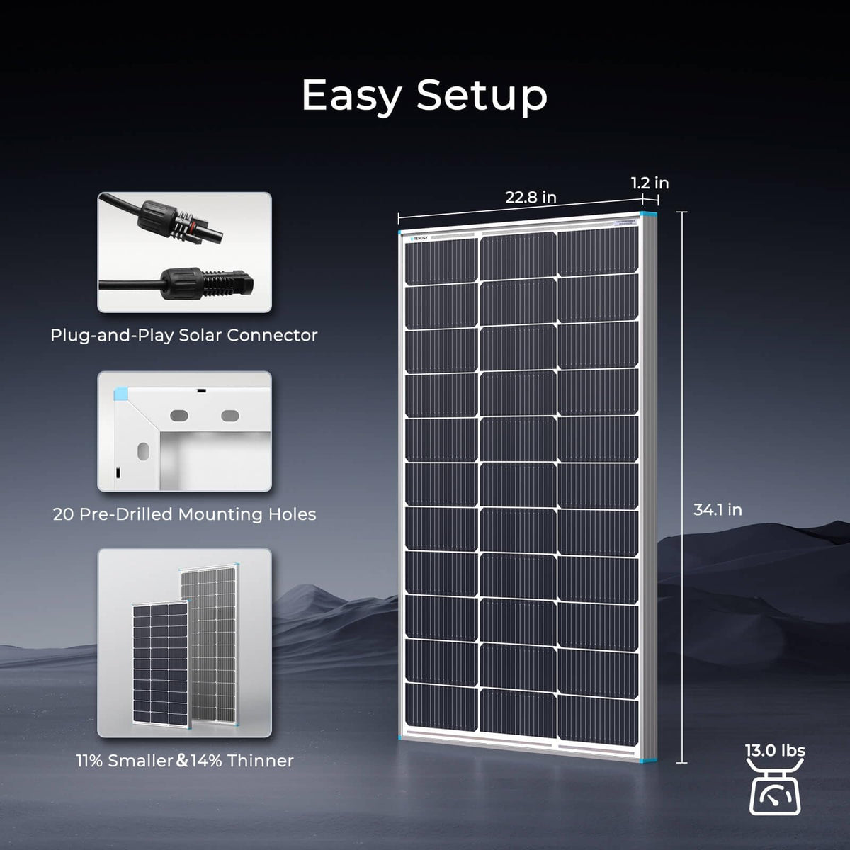 Renogy 100W N-Type panel packaging includes mounting brackets for quick setup.