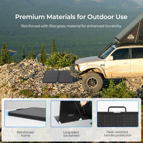 Renogy 100W portable solar panel folded for compact storage during travel and camping.