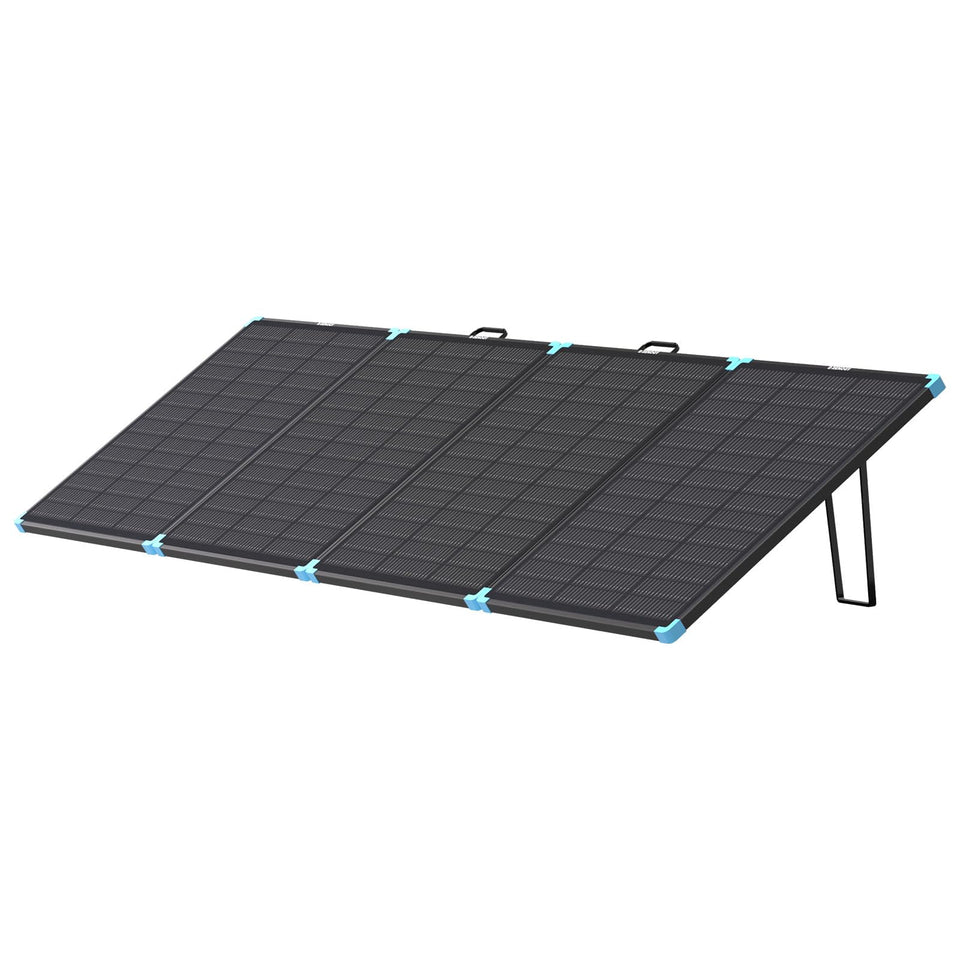Renogy 300W solar panel suitcase folded design offers portable off-grid power for camping and RV trips.
