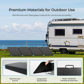 Renogy 300W solar panel suitcase in use on an RV for reliable travel power.