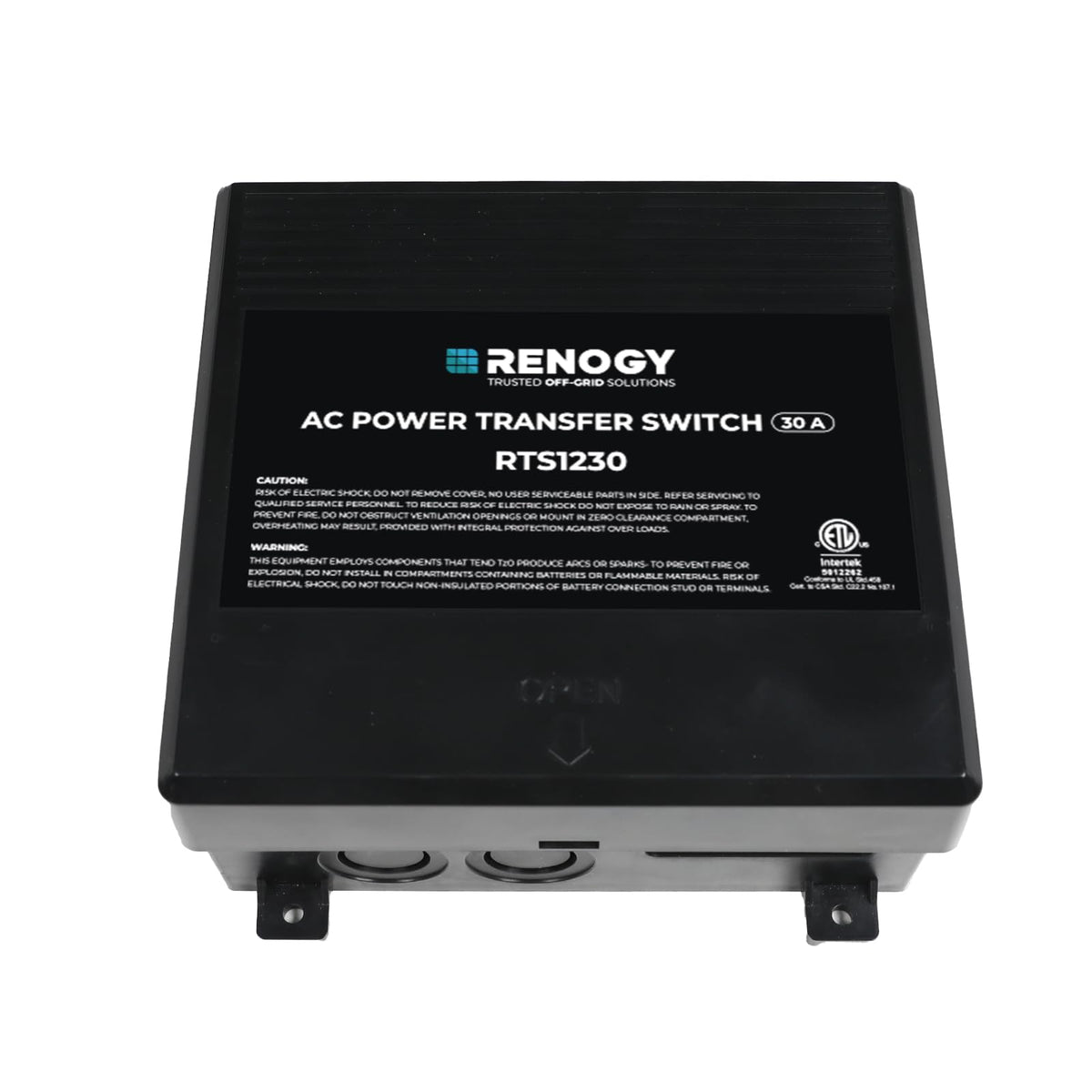 Renogy 30A transfer switch front view showing seamless power switching for RVs.