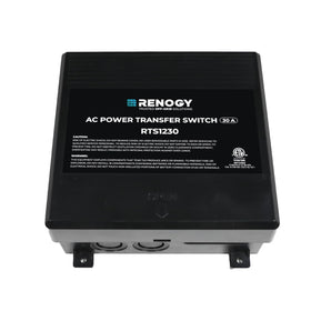 Renogy 30A transfer switch front view showing seamless power switching for RVs.