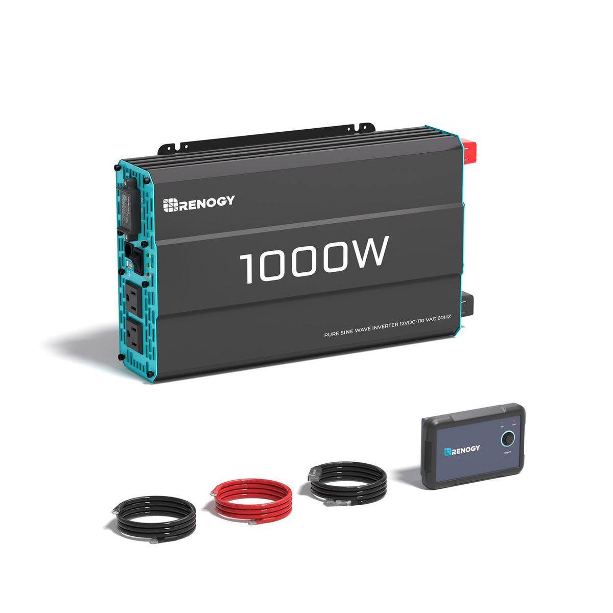 Renogy Inverter P2 front view showing compact rugged body and ports for travel use