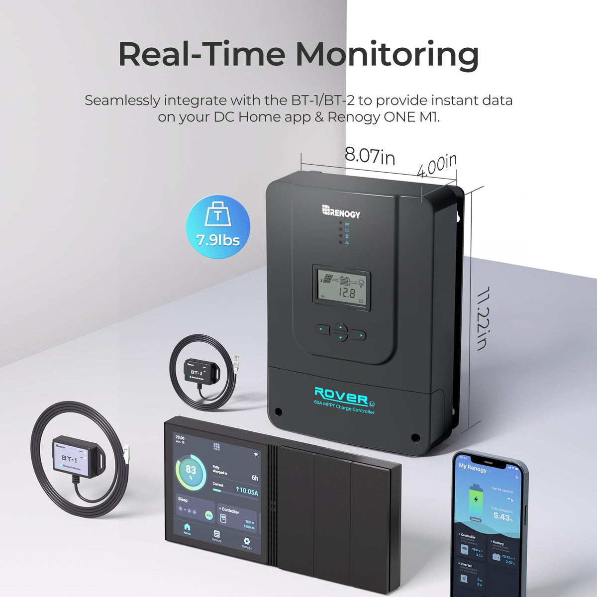 Renogy Rover 60A MPPT controller LCD display detail for real-time management.