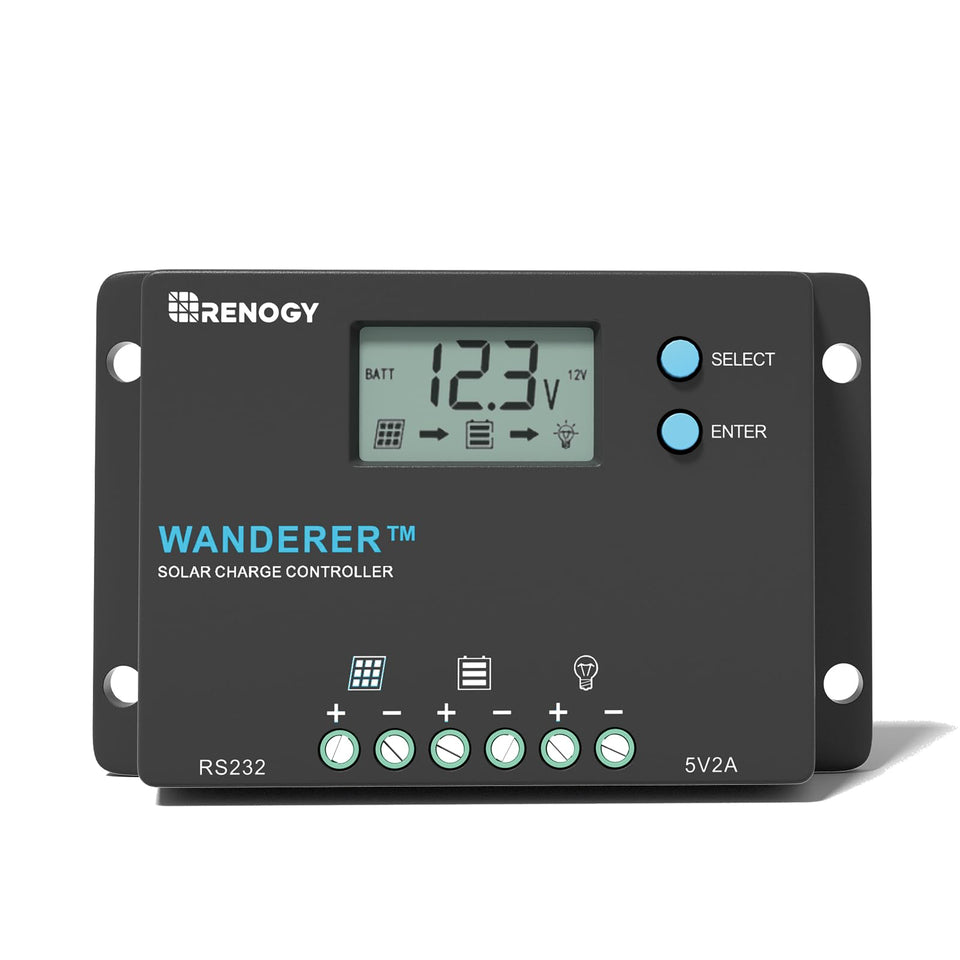 Renogy Wanderer 10A front view shows compact design for RV installations.
