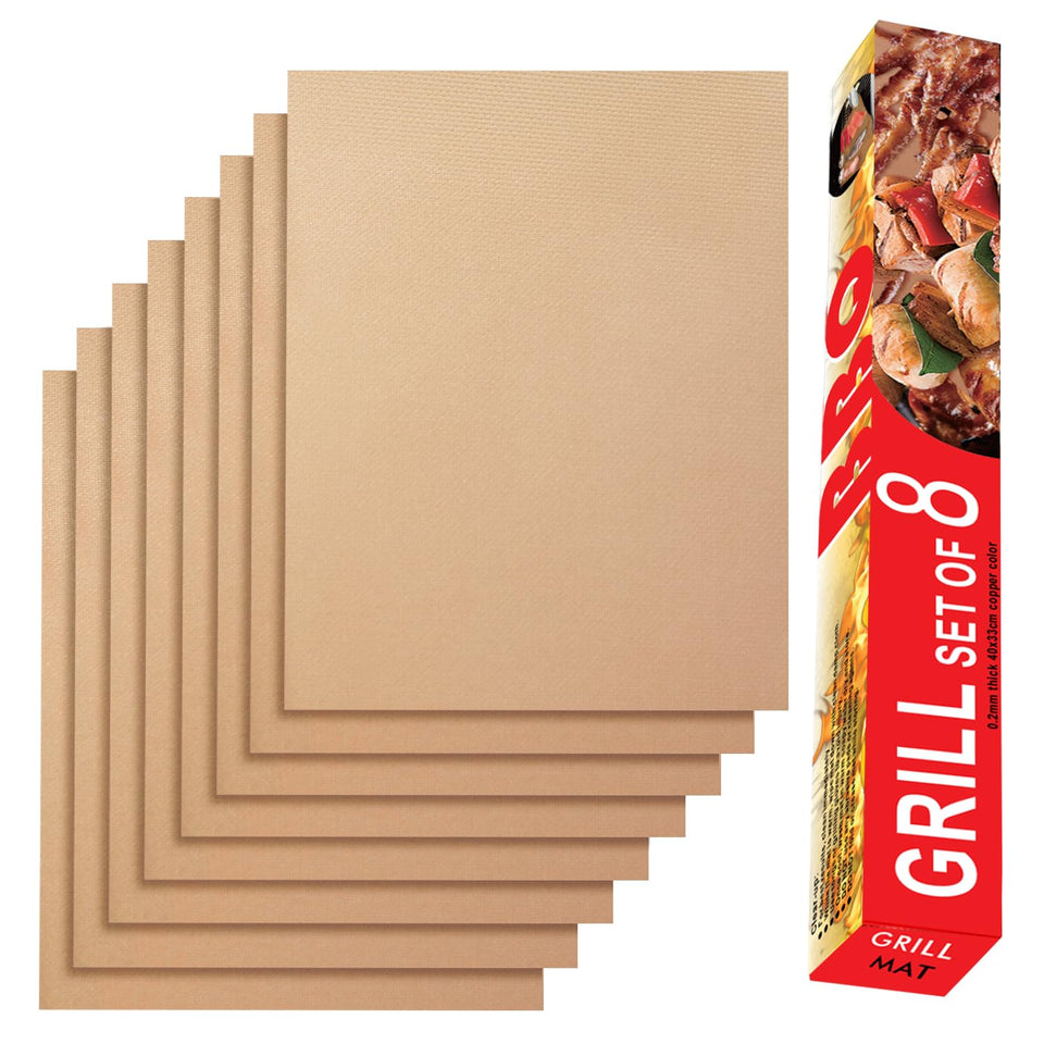 Renook copper grill mats on outdoor gas grill showing even sear marks and easy cleanup