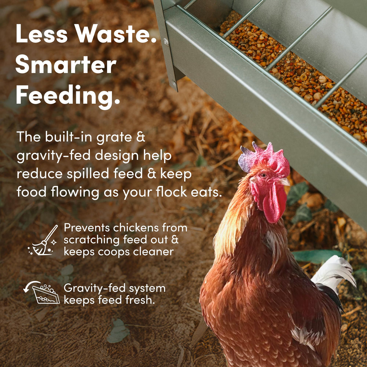 RentACoop 10lb capacity trough feeder ready for pellets, crumbles, or scratch grains