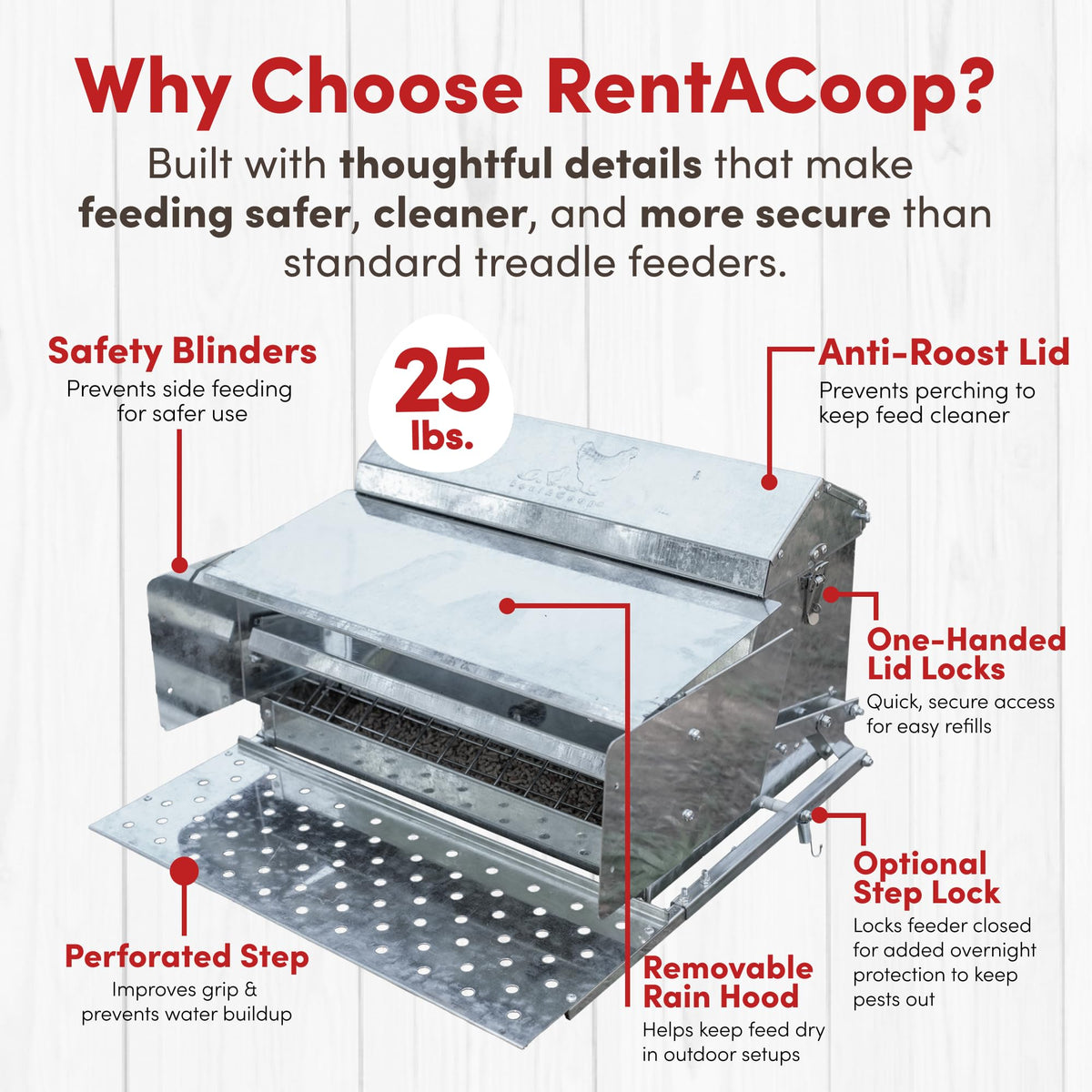 RentACoop feeder close-up shows durable galvanized metal and pest-lock features.