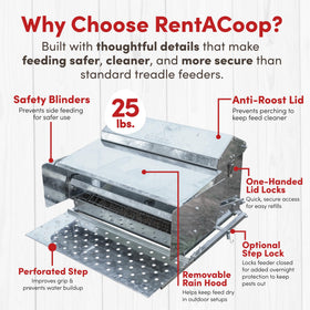 RentACoop feeder close-up shows durable galvanized metal and pest-lock features.