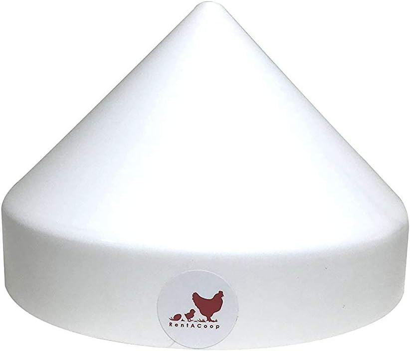 RentACoop anti-roost cone on round waterer keeps setup clean and stable.