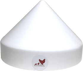 RentACoop anti-roost cone on round waterer keeps setup clean and stable.