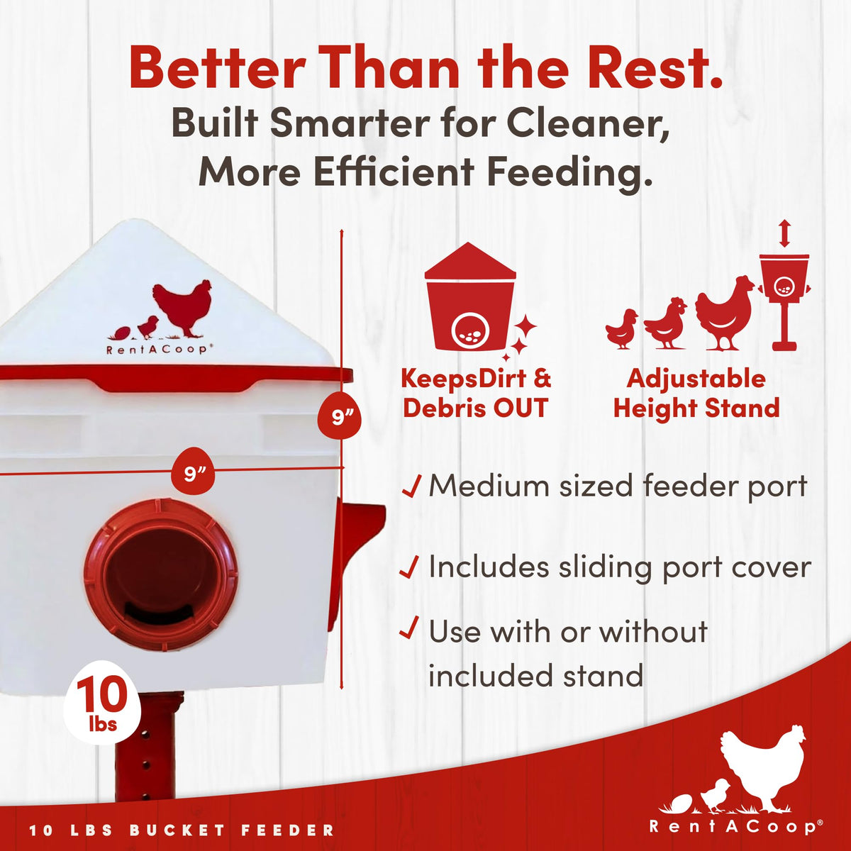 RentACoop Chick2Chicken feeder top view highlighting the sturdy adjustable stand