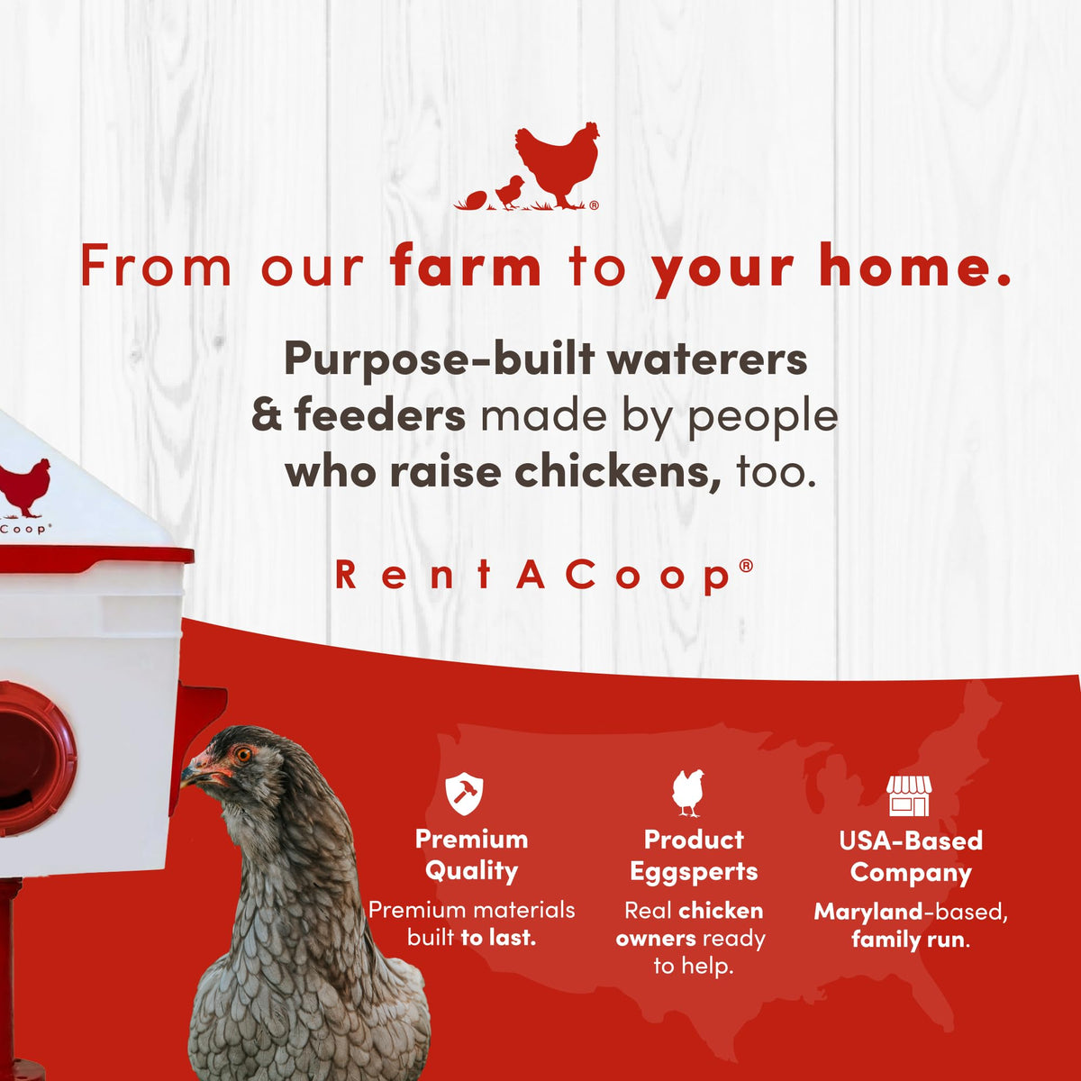 RentACoop Chick2Chicken hooded design reduces waste and keeps feed contained