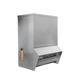 RentACoop metal trough feeder with lid, side view shows 50lb capacity and durable construction for outdoor poultry feeding