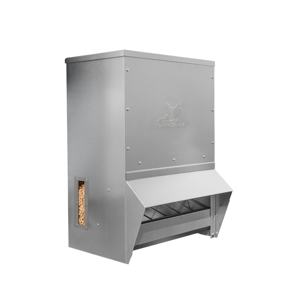 RentACoop metal trough feeder with lid, side view shows 50lb capacity and durable construction for outdoor poultry feeding