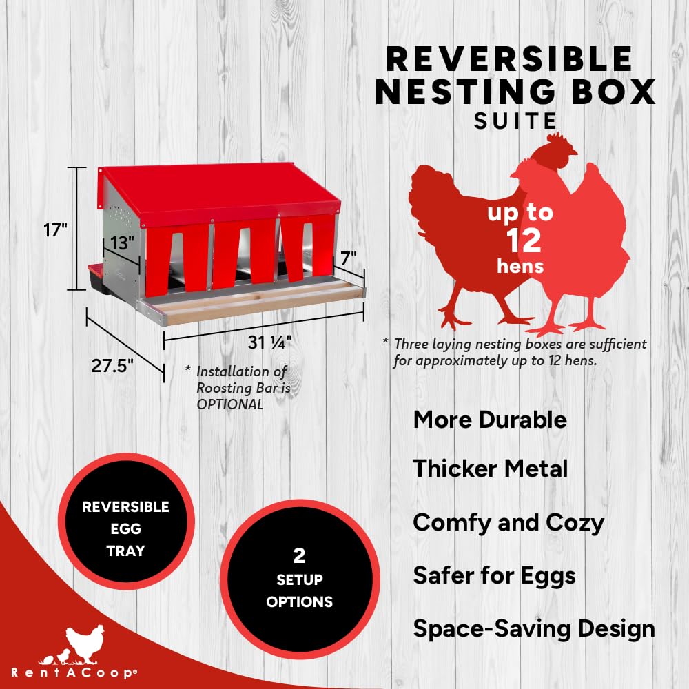 RentACoop Roll-Out Nesting Box Suite side view highlights reversible setup for flexible coop layouts.