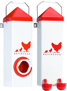 RentACoop twin cup waterer and feeder set, front view, enabling easy feed access and clean water.