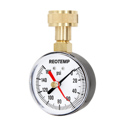 REOTEMP PD25H gauge with garden hose thread connection for quick home pressure checks.