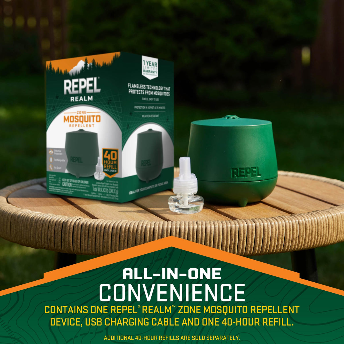 Repel Realm Zone charging cable powering the device for outdoor use