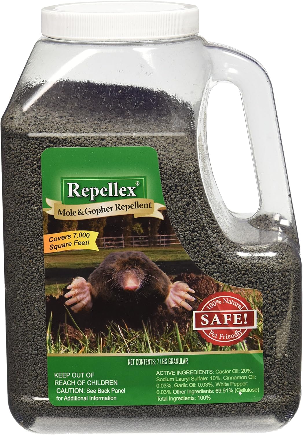 Repellex Mole and Gopher Granules on a lawn deter burrowing pests.
